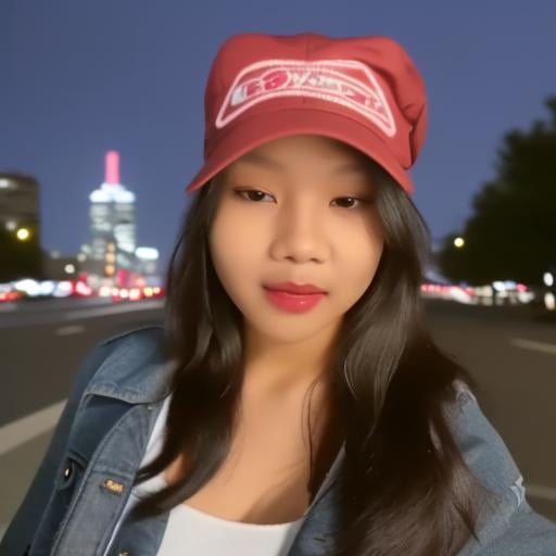 girl posing for pic in front of tall building. Small eyes. Brown eyes. Wearing ripped Denim jacket red hat no makeup. Clear skin.  realistic skin style Long dark black slick back hair. No makeup. Dusk, Street light. Looking at camera POV. Slight smile, tilting head.. Tilt head. Hands in head, face, lips. Medium Close Up shot. Bokeh. Bokeh light.