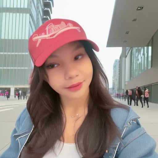 girl posing for pic in front of tall building. Blue eyes. small perfecteyes  Wearing ripped Denim jacket red trucker hat no makeup. Clear skin.  realistic skin style Long dark black slick back hair. No makeup. Dusk, Street light. Looking at camera POV. Slight smile, tilting head.. Tilt head. Medium Close Up shot. Bokeh. Bokeh light.