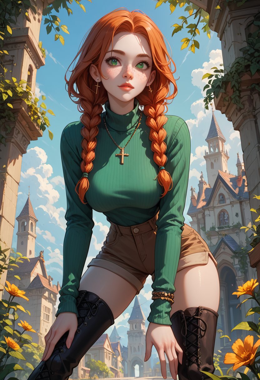 milfpeaches, score_9, score_8_up, score_8, wirish woman, natural red hair, braided twintails, braids, orange hair, green eyes, freckles, white skin, curvy, green sweater, long sleeves, long black boots, brown shirt, brown shorts, cross necklace hanging, (white skin), 1girl, solo, jewelry, bracelet, thighhighs, fellatrix style 