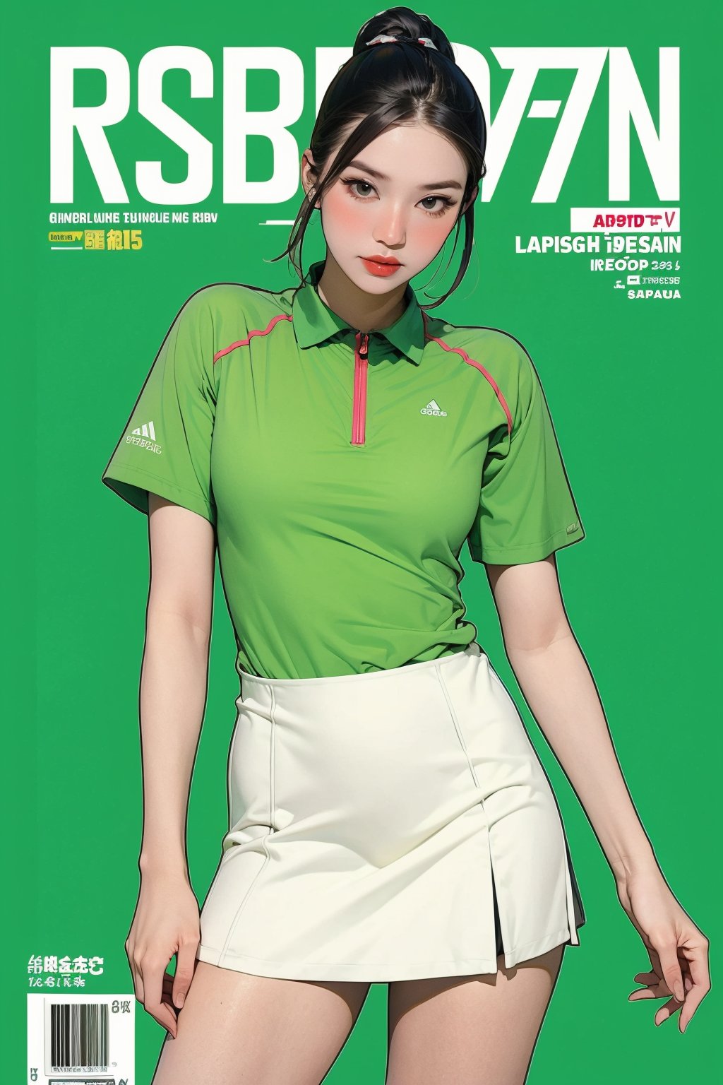 1girl, thigh up body, detailed clothes, tennis girl outfit, looking at viewer, sharp focus, magazine cover, green background, ((outline,)) chimai,