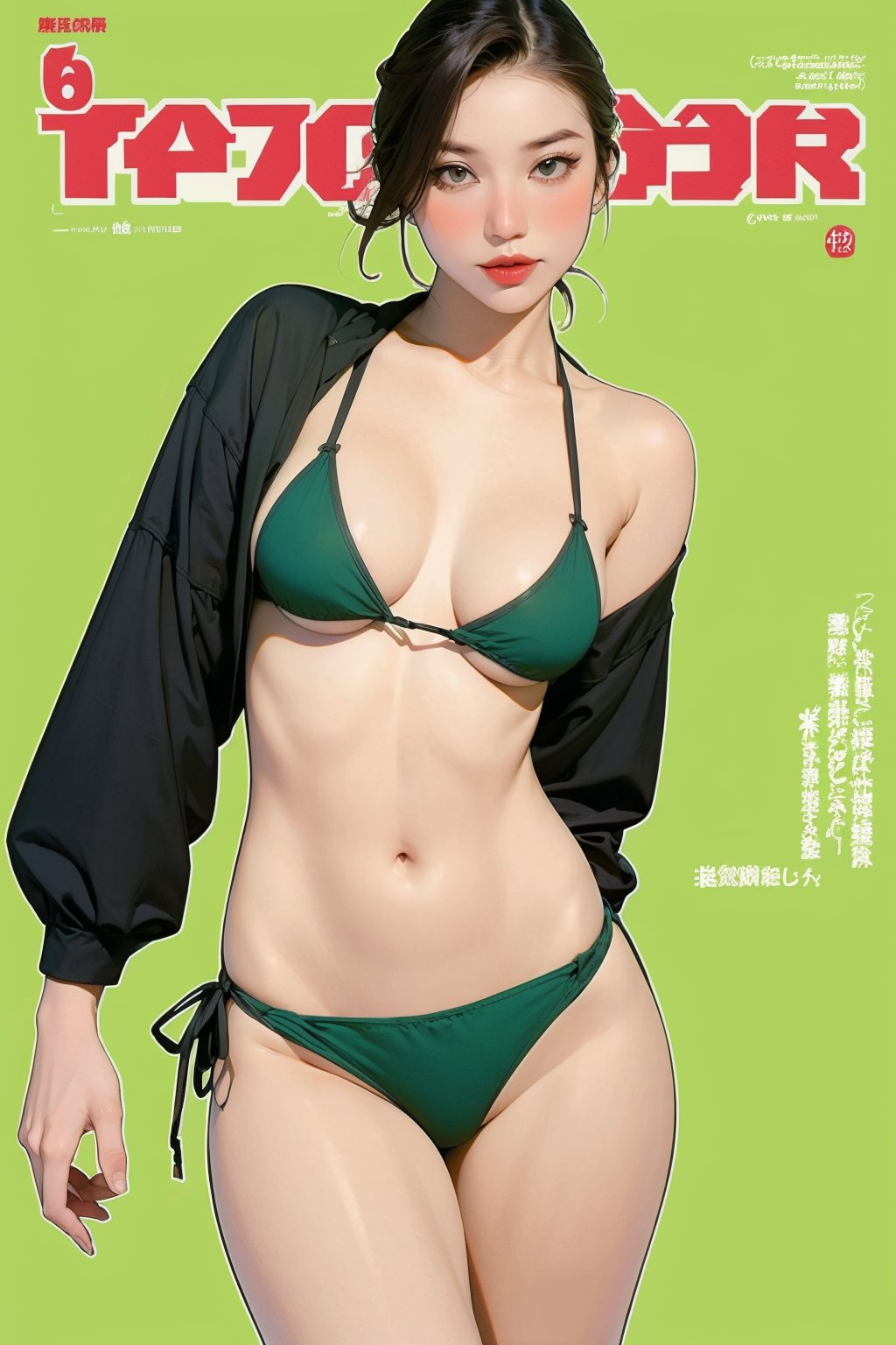 1girl, thigh up body, detailed clothes, bikini, looking at viewer, sharp focus, magazine cover, green background, ((outline,)) chimai,