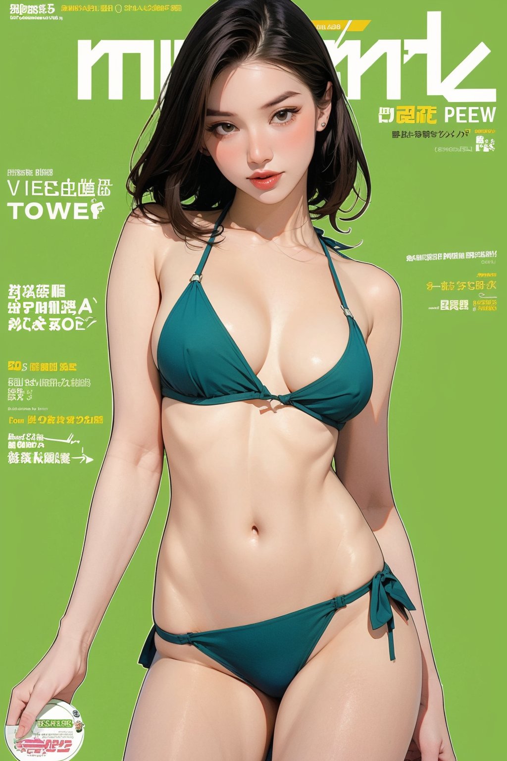 1girl, thigh up body, detailed clothes, bikini, looking at viewer, sharp focus, magazine cover, green background, ((outline,)) chimai,