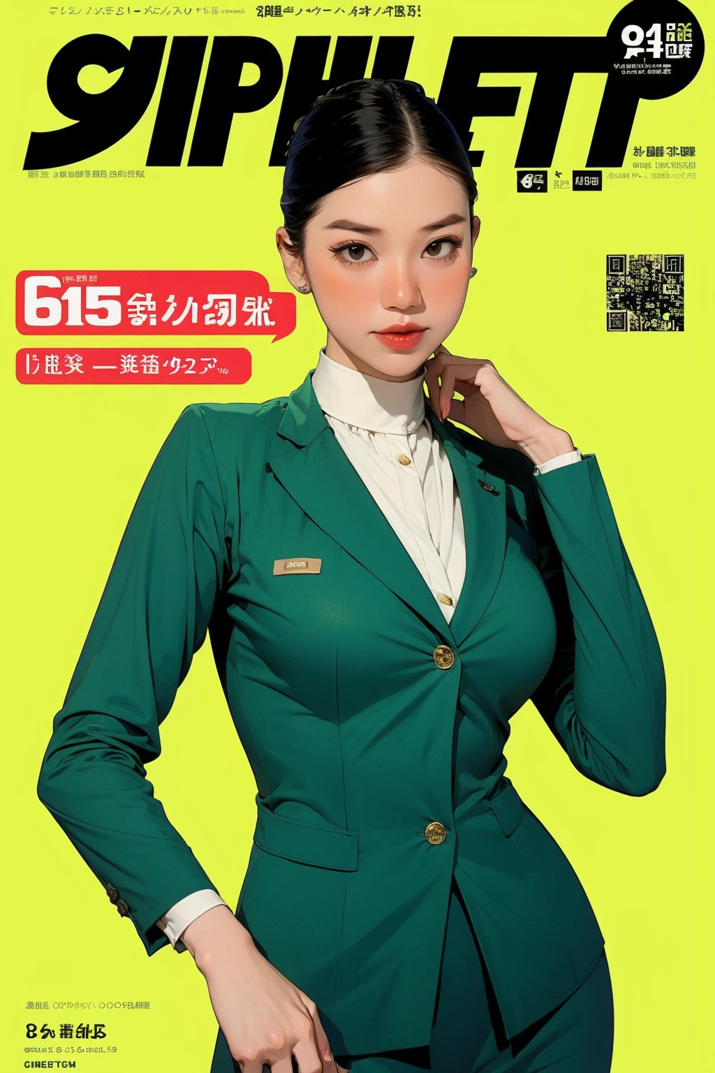 1girl, hip up body, detailed clothes, flight attendant outfit, looking at viewer, sharp focus, magazine cover, green background, ((outline,)) chimai,