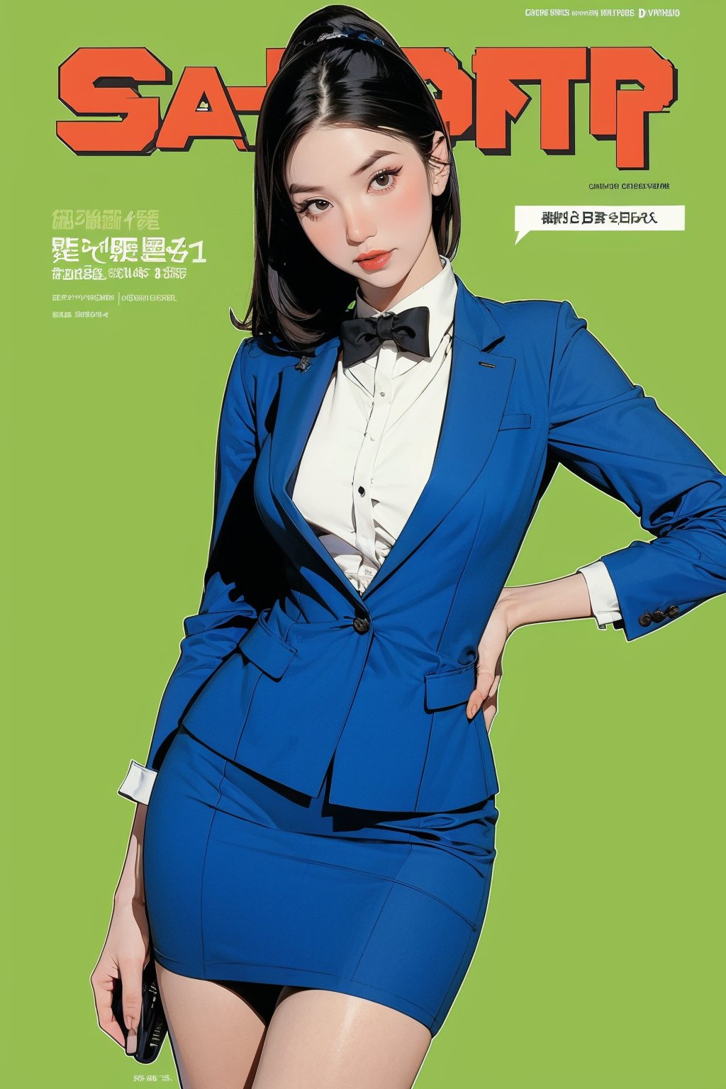 1girl, thigh up body, detailed clothes, flight attendant outfit, looking at viewer, sharp focus, magazine cover, green background, ((outline,)) chimai,