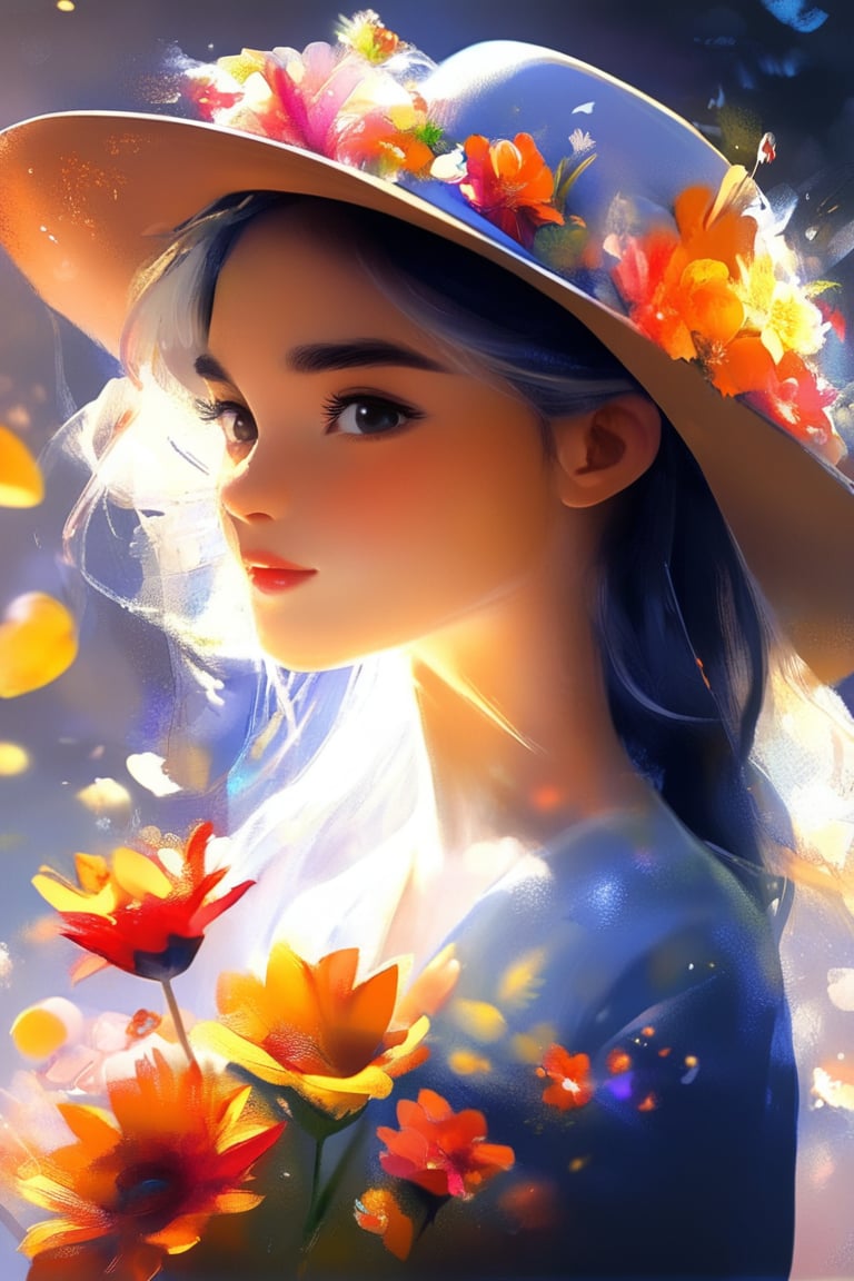 1girl, drawing, painting, flowers, 