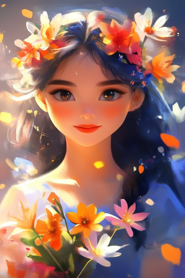 1girl, drawing, painting, flowers, 