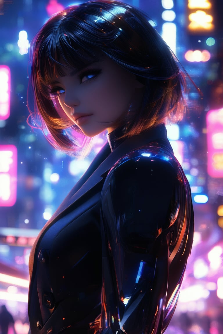 A lone figure emerges from the neon-drenched streets of Night City. A girl with a bold bob cut and cybernetic enhancements wears a sleek black blazer over her combat-ready attire. Under the dim glow of holographic billboards, she stands tall, her eyes gleaming with determination as she surveys the darkened cityscape.,