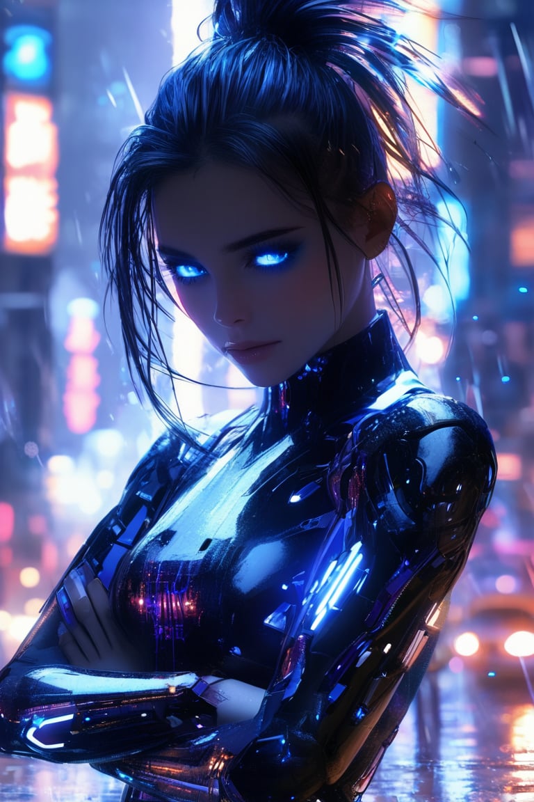 A young woman with spiky hair and piercing blue eyes stands defiantly in a neon-lit cityscape, arms crossed and cybernetic gauntlets grasped, against a backdrop of towering skyscrapers reflecting LED lights off wet pavement as rain drizzles down. Her black jumpsuit glows subtly from metallic accents. A faint blue aura emanates from her eyes, hinting at connection to the city's underground network,cyberpunk,futuristic,sci-fi