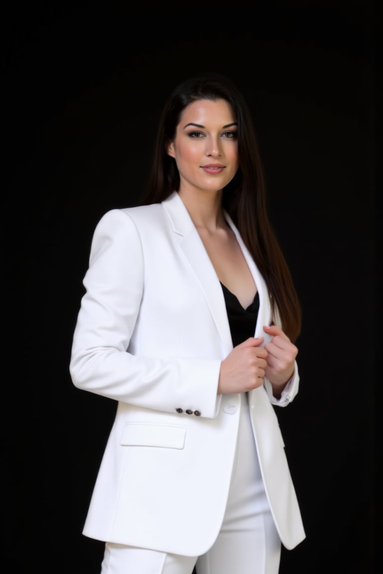 A studio photography of the naturally beautiful wost0y4, with long black hair and white suit. black background. She is looking at camera.