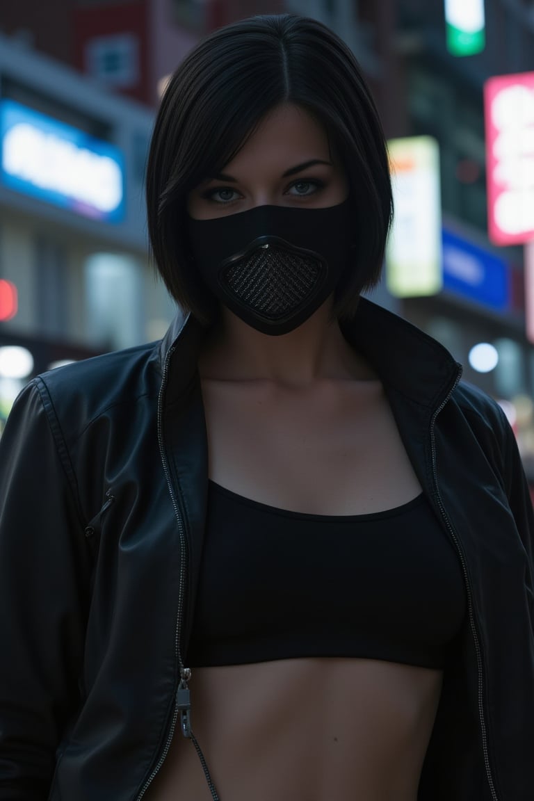 wost0y4 , This is a (high-resolution photograph:1.3) featuring a lethal, urban assassin. Her face is partially obscured by a high-tech, black mask, leaving only piercing, cold eyes visible. Sleek, dark clothing with tactical elements clings to her athletic body. A concealed, futuristic blade is subtly hinted at. Her short, dark hair is styled sharply, and a single, minimalist tattoo adorns her neck. The backdrop is a gritty, neon-lit cityscape, reflecting the character's dangerous world. Use dramatic lighting and sharp contrasts to emphasize the character's deadly focus. 8K ultra-high definition, maximum image quality, and realistic special effects to create a hyper-real, cinematic image