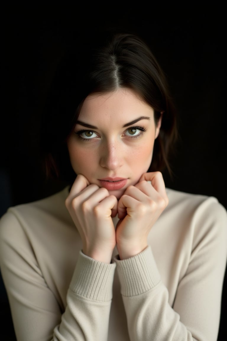 portrait, high res, young wost0y4, soft light. Light sweater, dark background. Bury hands on the chin, having a deep thoughtful look on the face. Clear faces, pores are not enhanced, a touch of makeup. Visible hair strands. Warm, subdued colors. Blurred background. Full-frame camera, wide aperture. Studio lighting for depth. Subtle contouring shadows. Minimal editing, natural appearance. She has pale skin and short black hair