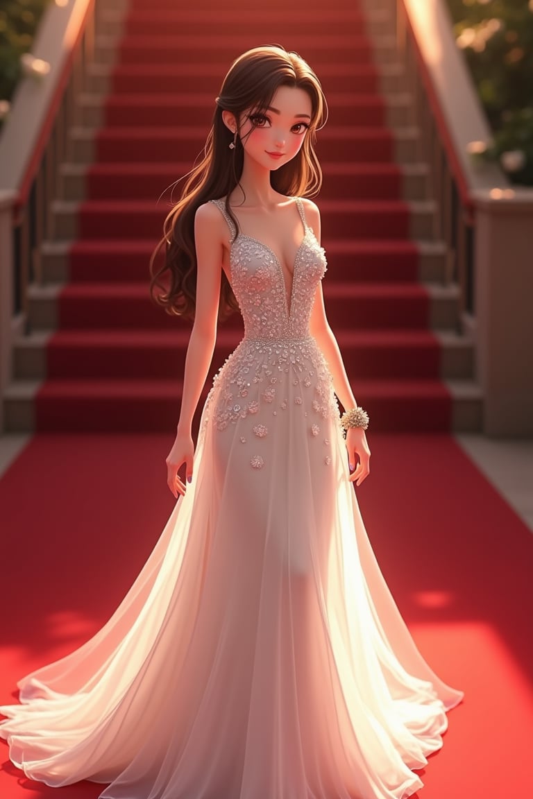 Beautiful woman wearing white sparkle dress, walking in red carpet. Anime detailer, 