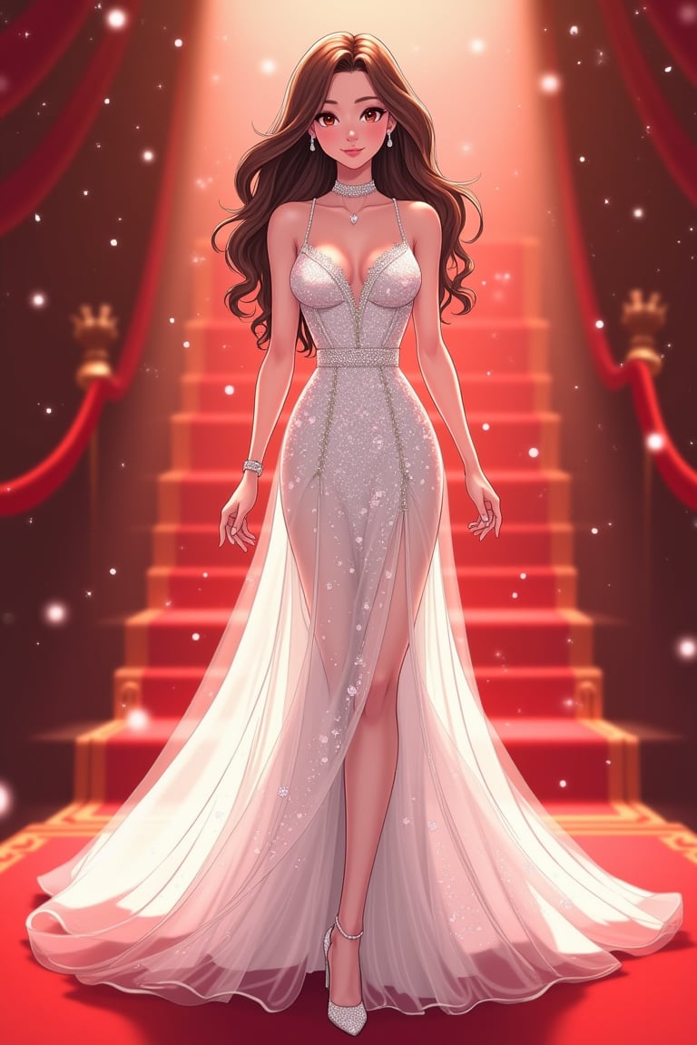 Beautiful woman wearing white sparkle dress, walking in red carpet. Anime style, manga, cartoon, 