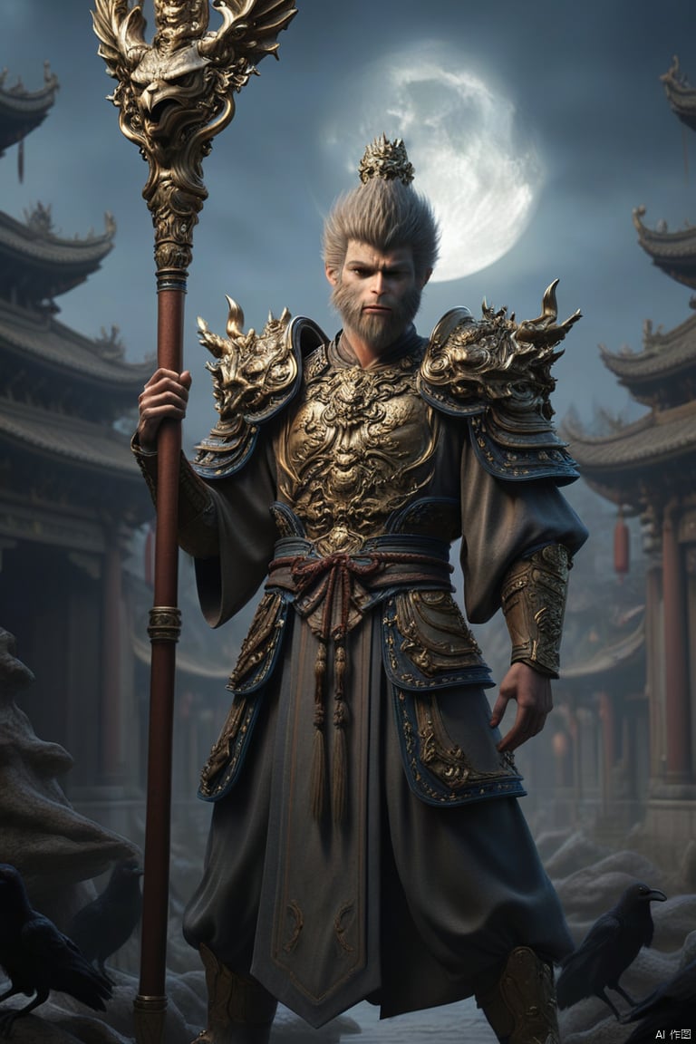 1boy, holding, standing, full body, male focus, outdoors, sky, armor, night, facial hair, bird, moon, staff, shoulder armor, beard, full moon, architecture, east asian architecture, crow