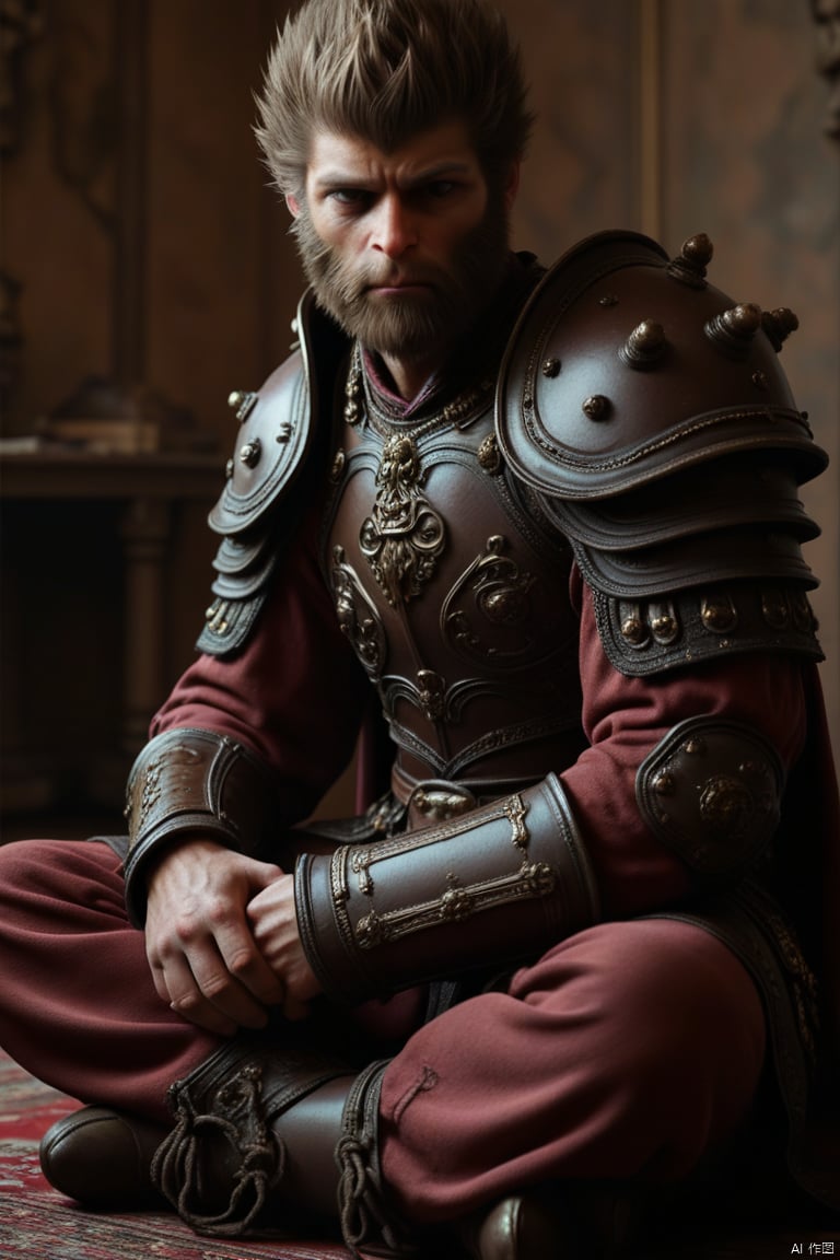 brown hair, 1boy, sitting, male focus, indoors, armor, tree, facial hair, shoulder armor, beard, carpet