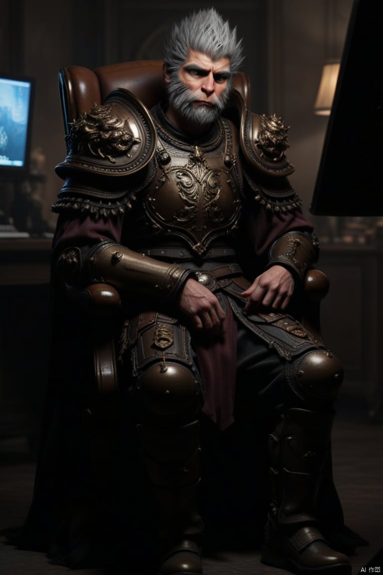 solo, looking at viewer, 1boy, sitting, full body, grey hair, male focus, boots, indoors, cape, armor, facial hair, chair, shoulder armor, beard, mustache, greaves, monitor