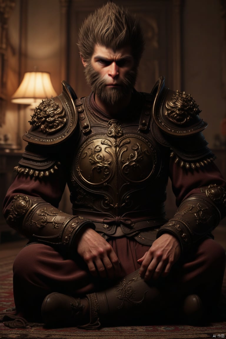 brown hair, 1boy, sitting, male focus, indoors, armor, tree, facial hair, shoulder armor, beard, carpet