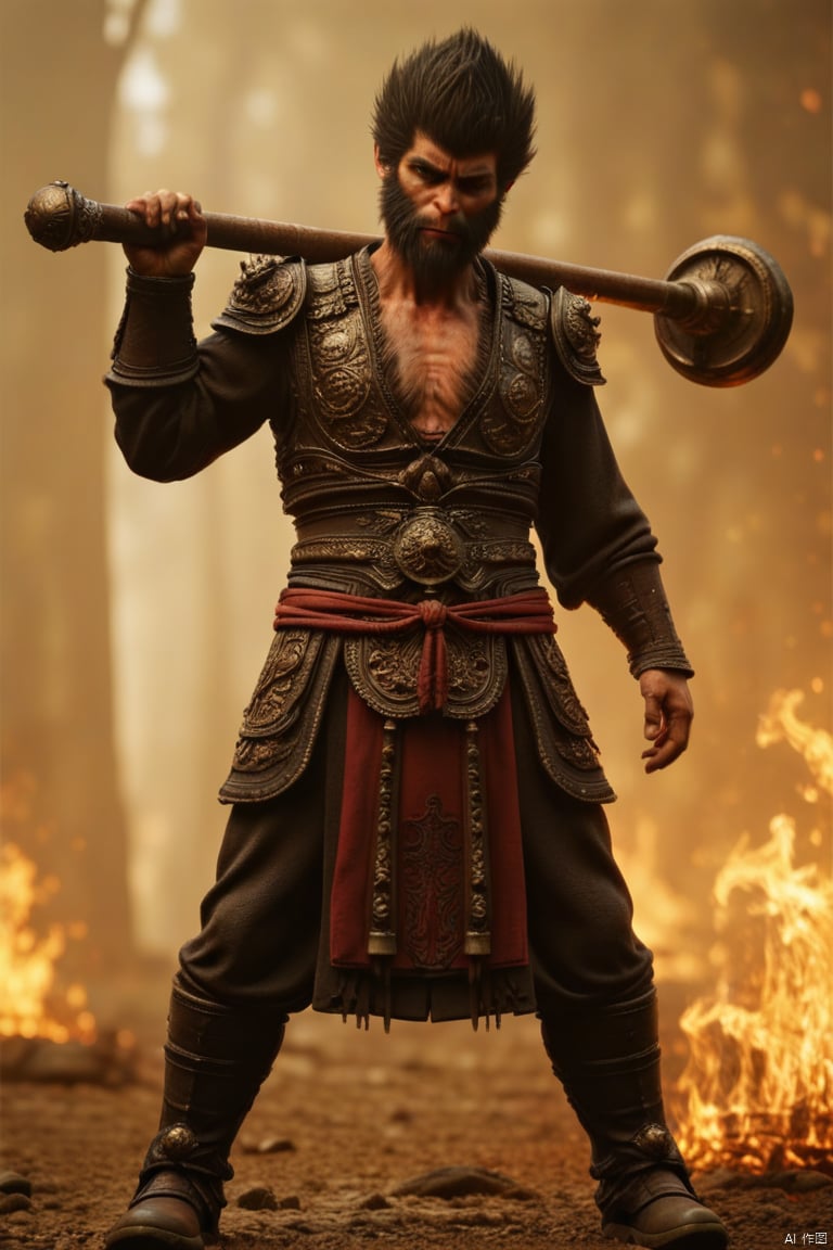 solo, black hair, 1boy, holding, standing, full body, weapon, male focus, facial hair, scar, sandals, fire, beard, axe, over shoulder, manly