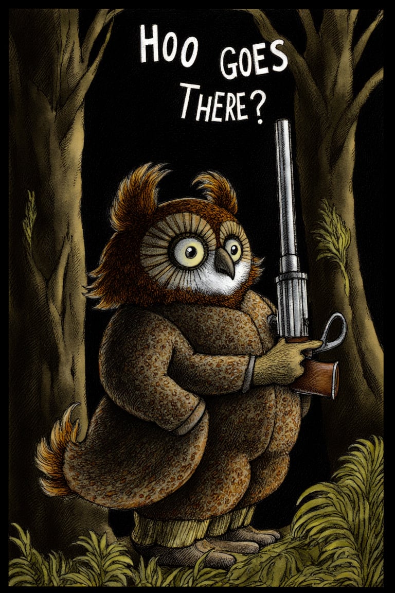 An owl with a handgun and the text "HOO GOES THERE?" in a dark woods 