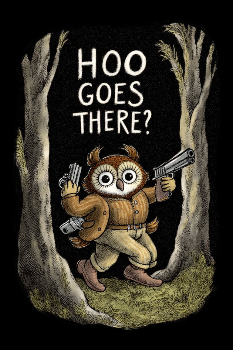 An owl with a handgun and the text "HOO GOES THERE?" in a dark woods 