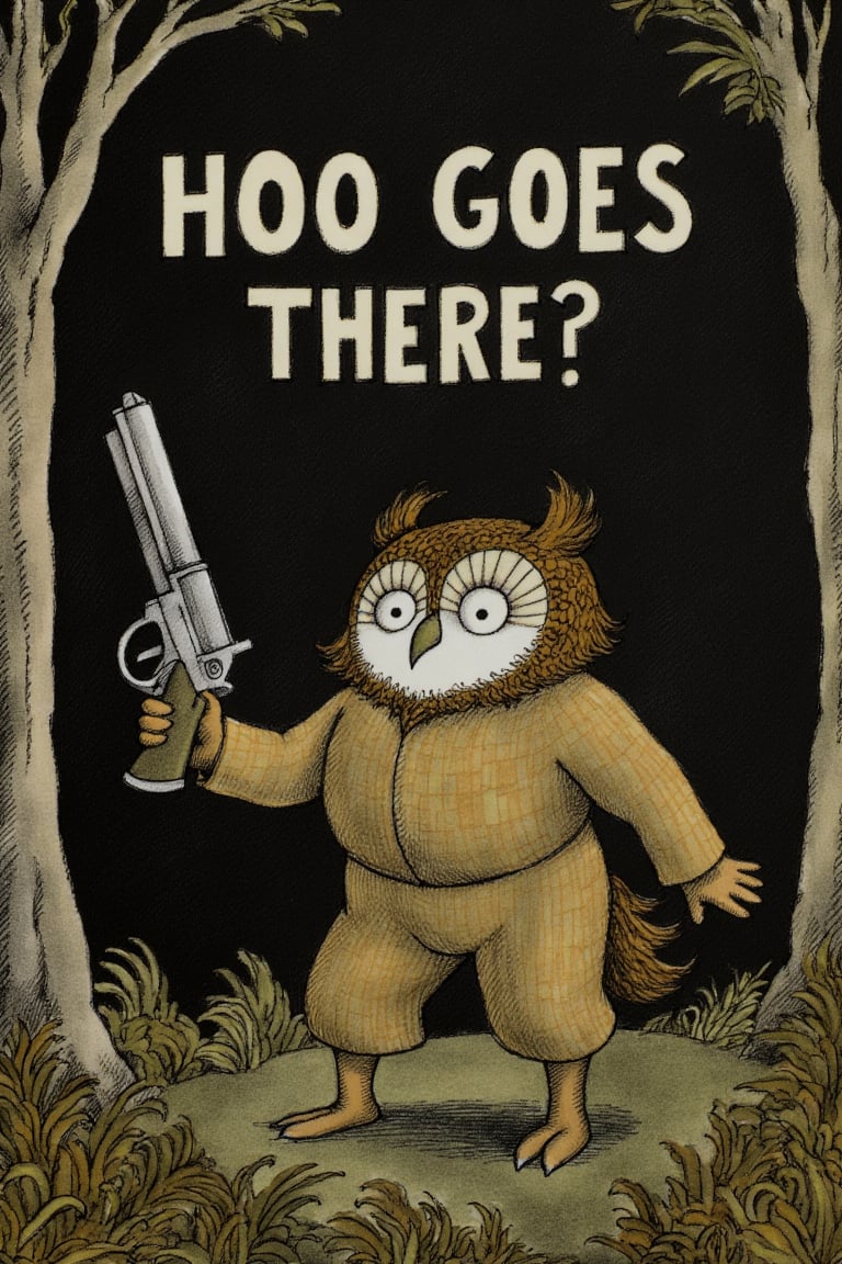 An owl with a handgun and the text "HOO GOES THERE?" in a dark woods 