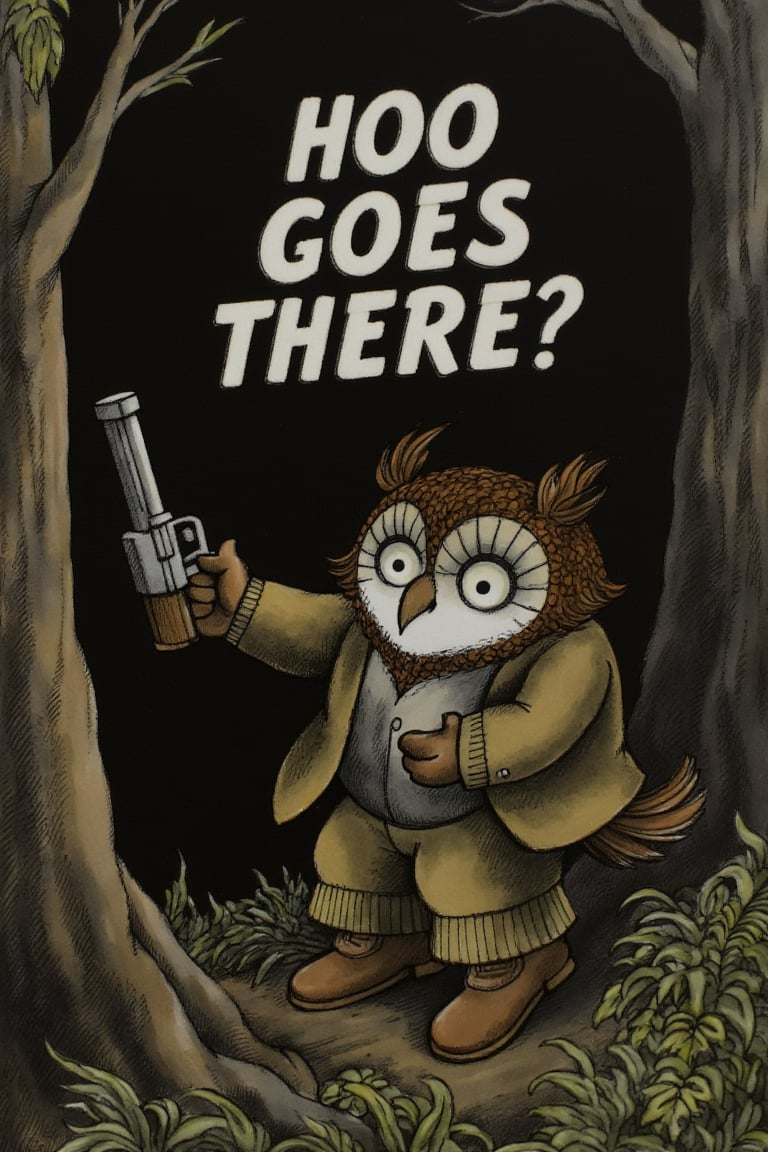 An owl with a handgun and the text "HOO GOES THERE?" in a dark woods 