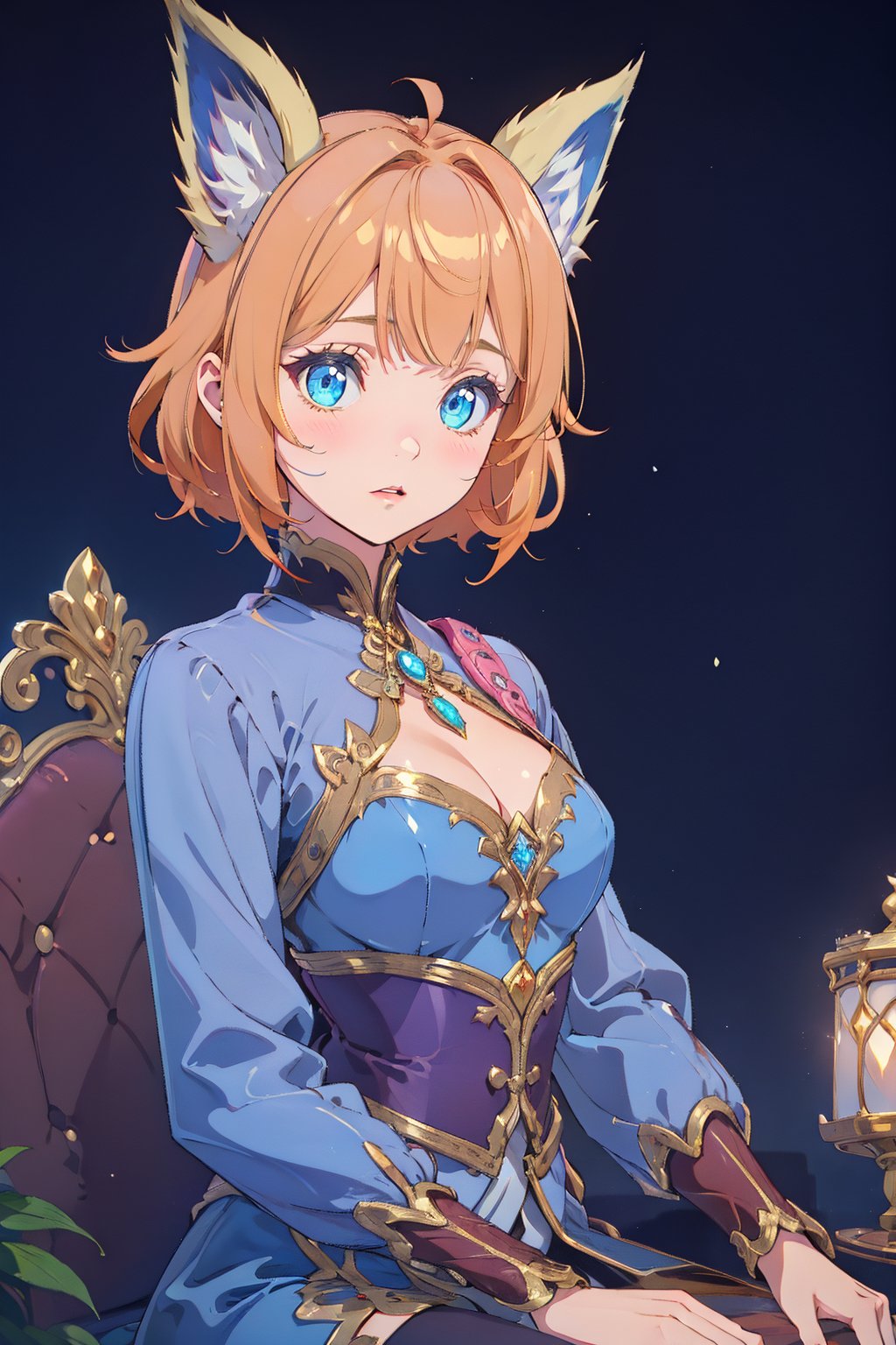 In a dream-like atmosphere, a whimsical scene unfolds. A girl with short orange hair and animal ears, sporting bangs, sits comfortably in the royal protector's regal attire. Her gaze directly addresses the viewer as she dons blue clothes designed by SAM YANG. The upper body is framed against a soft, ethereal glow, while her expression exudes playful confidence, inviting the observer to step into this fantastical world.