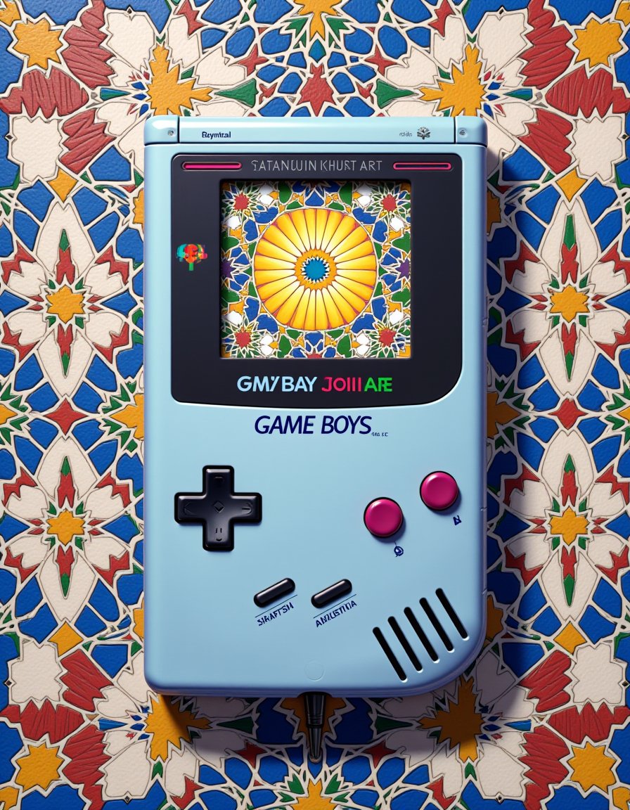 Anime, Oil painting, iznik tiles pattern of a Gameboy, Sharp and in focus, Magic Realism, Princesscore, Direct light, studio anime, photorealism, made of zellij,Made of adrr-zllj