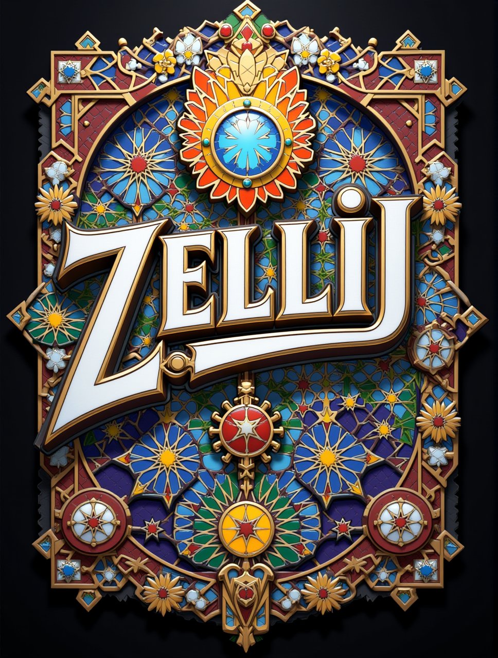 "ZELLIJ " main TEXT LOGO, scond Text "FLUX", 3d text, breathtaking, award-winning, professional, highly detailed, vivid colors, intricate designs, colorful, patterns, intricate, rich colors, mosaic tilework,
tinted photo, deep misty valley, glowing winged SLUG, steampunk,Made of adrr-zllj