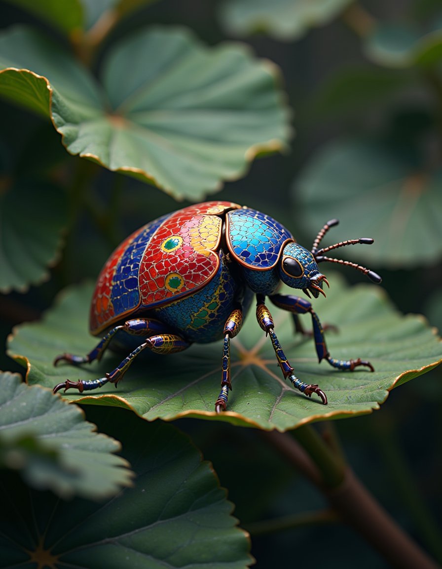 glitch effect of a Palehearted Rainbow Leaf Beetle, dynamic dramatic atmosphere, delicate, ambient background, highly color focused, beautiful detailed, fertile, luxurious, dynamic cinematic color,Made of adrr-zllj