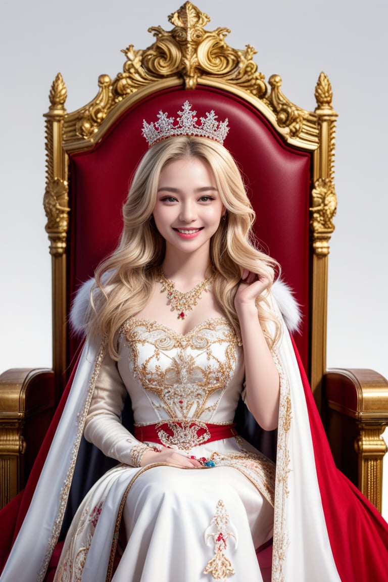 Grateful girl, blonde long hairs, with white dress and red cloak, the crown in the head, sit in the throne like the queen, she is very kind, she have sweety smile, full body, high quality, high details, artistic style, respectful attitudeextremely detailed) CG unity, 8k wallpaper, (cinematic angle), perfectly designed.