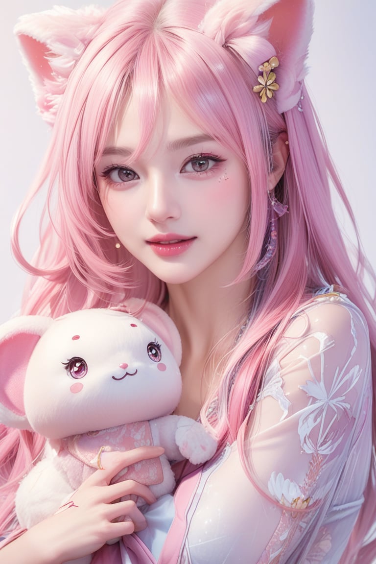 Adorable kawaii anime girl with pink hair, big sparkly eyes, holding a plush toy, pastel colors, soft lighting, by Sakimichan and Nekopara team, digital painting style,csgirl