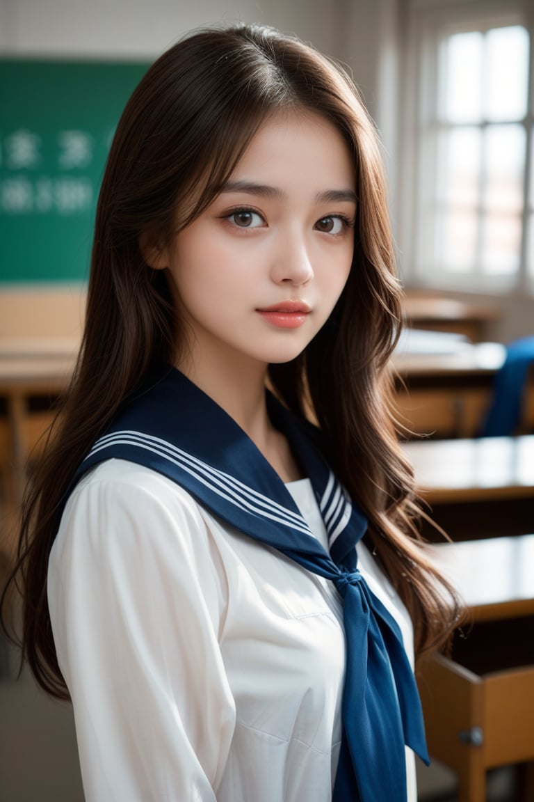 beautiful 18-year-old student girl with alluring eyes on classroom, cute pose, super model, cinematic shot in the style of denis villeneuve, (looking at viewer), masterpiece