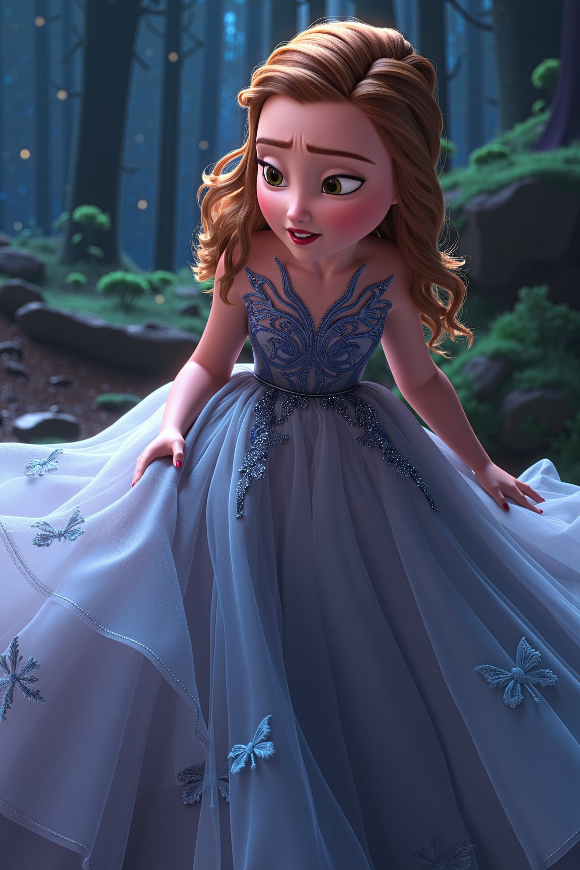 (masterpiece, best quality, ultra-detailed, 8K),highres, high detail, realisitc detailed,highres,sharp focus, a beautiful promissing singer in bliss, earnestly singing, eye contact, gorgeous dress, thick fog hanging, fractal art, blinking background,disney style