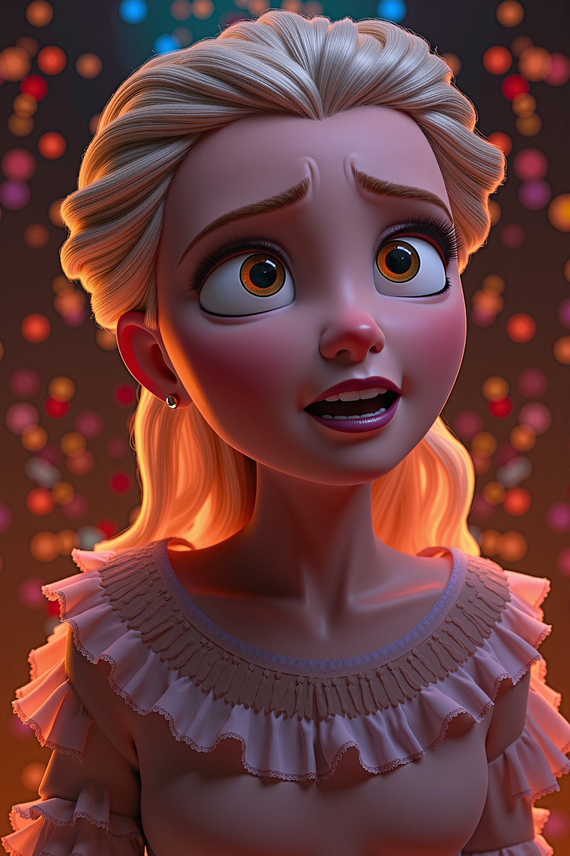 (masterpiece, best quality, ultra-detailed, 8K),highres, high detail, realisitc detailed,highres,sharp focus, a beautiful promissing singer in bliss, earnestly singing, eye contact, gorgeous dress, thick fog hanging, fractal art, blinking background,disney style