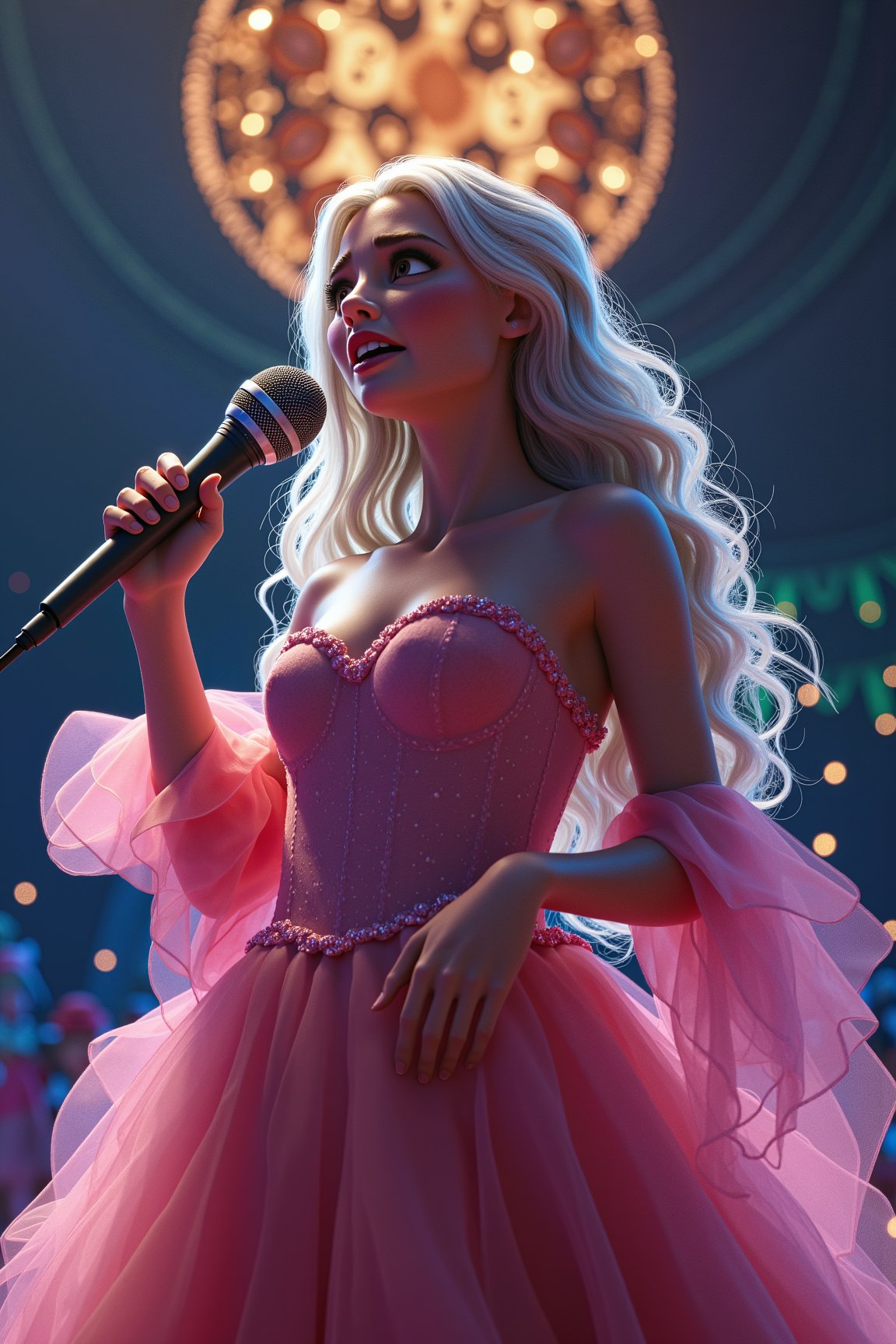 (masterpiece, best quality, ultra-detailed, 8K),highres, high detail, realisitc detailed,highres,sharp focus, a beautiful promissing singer in bliss, earnestly singing, eye contact, gorgeous dress, thick fog hanging, fractal art, blinking background,disney style