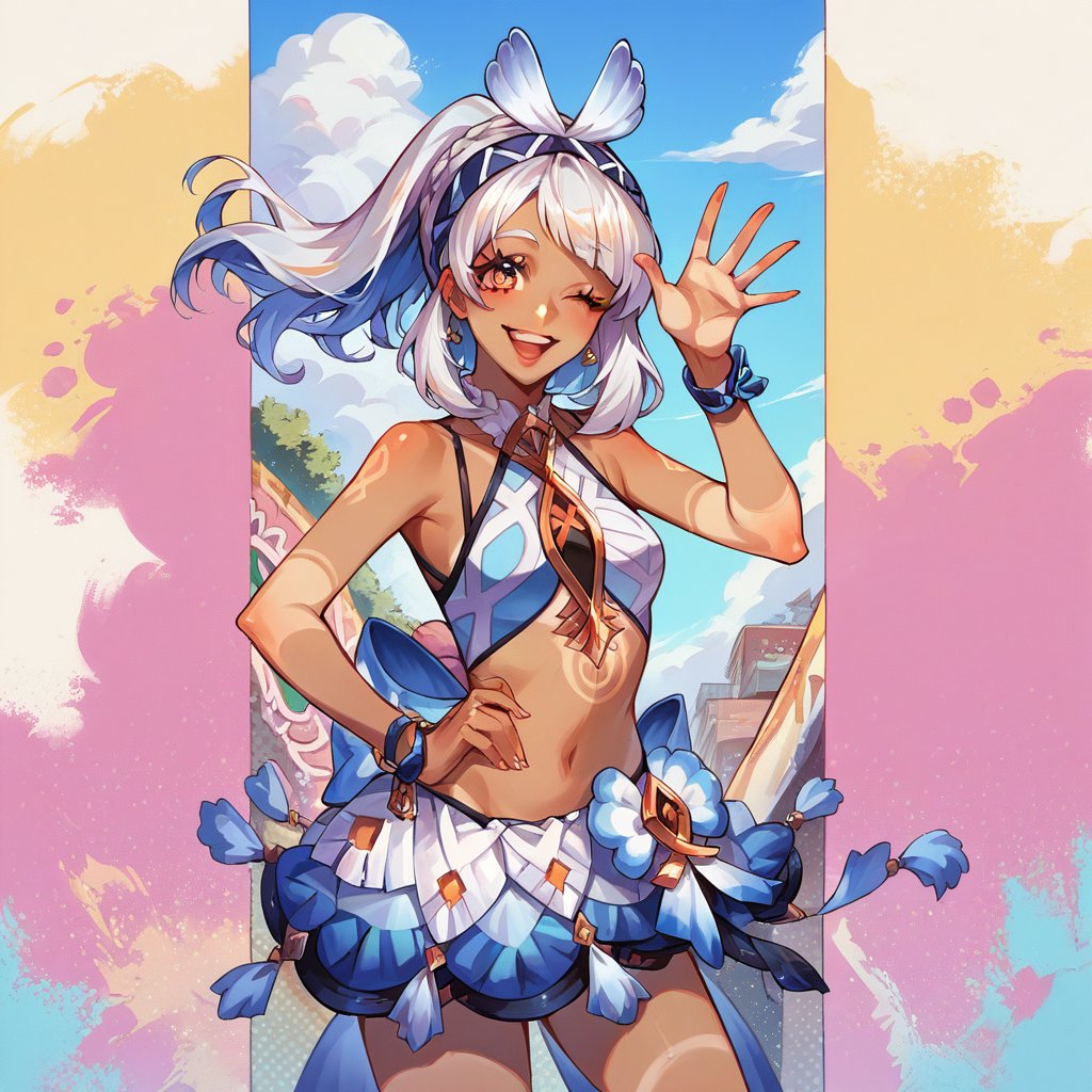 score_9, score_8_up, score_7_up, score_6_up, mualani, 1girl, cowboy shot, wink, tan skin, waving hand, looking at viewer, smile, detailed lips, colorful background, graffiti background, source_anime