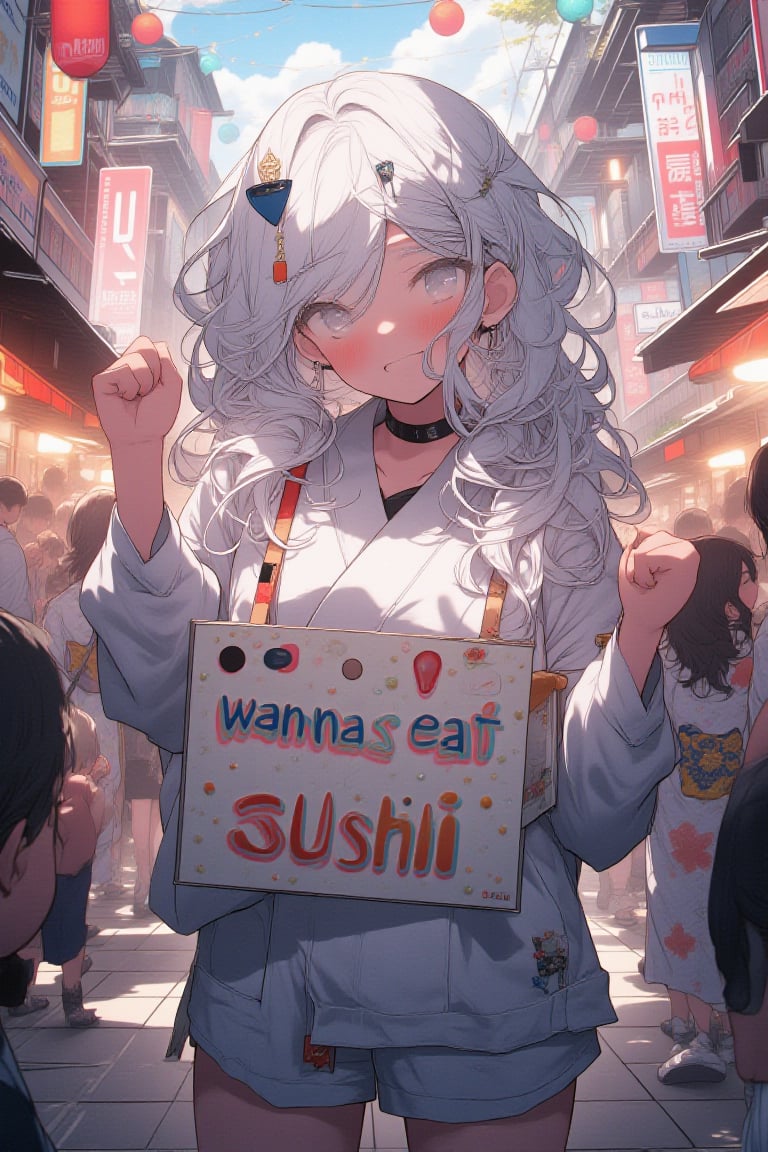 white-haired girl is holding a hand-drawn sign that reads ‘wanna eat sushi’ in playful, bold letters. She stands with an excited yet slightly shy expression, as if eagerly asking for sushi. The setting is a lively urban street during a summer festival, with colorful lanterns hanging overhead and traditional food stalls lining the pathway. Behind her, neon signs, twinkling fairy lights, and crowds of people in yukata create a festive, vibrant atmosphere. The girl’s outfit is modern with a touch of Japanese fashion trends, making her look stylish and appealing. The soft evening glow, coupled with the warm tones of the street, highlights her white hair and gives the scene a cozy, inviting feel. The overall composition is visually striking, balancing cuteness with an engaging, lively environment that would be perfect for social media sharing.