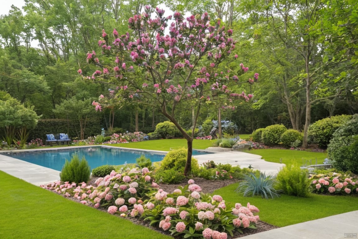 Peaceful outdoor scene in a modern garden setting: bright blue sky above, a tall crape myrtle tree standing proudly in the distance, flanked by lush greenery and vibrant flowers, natural style landscaping, suspended fish pond, flower boxes , pine tree, modern paving, tingbu