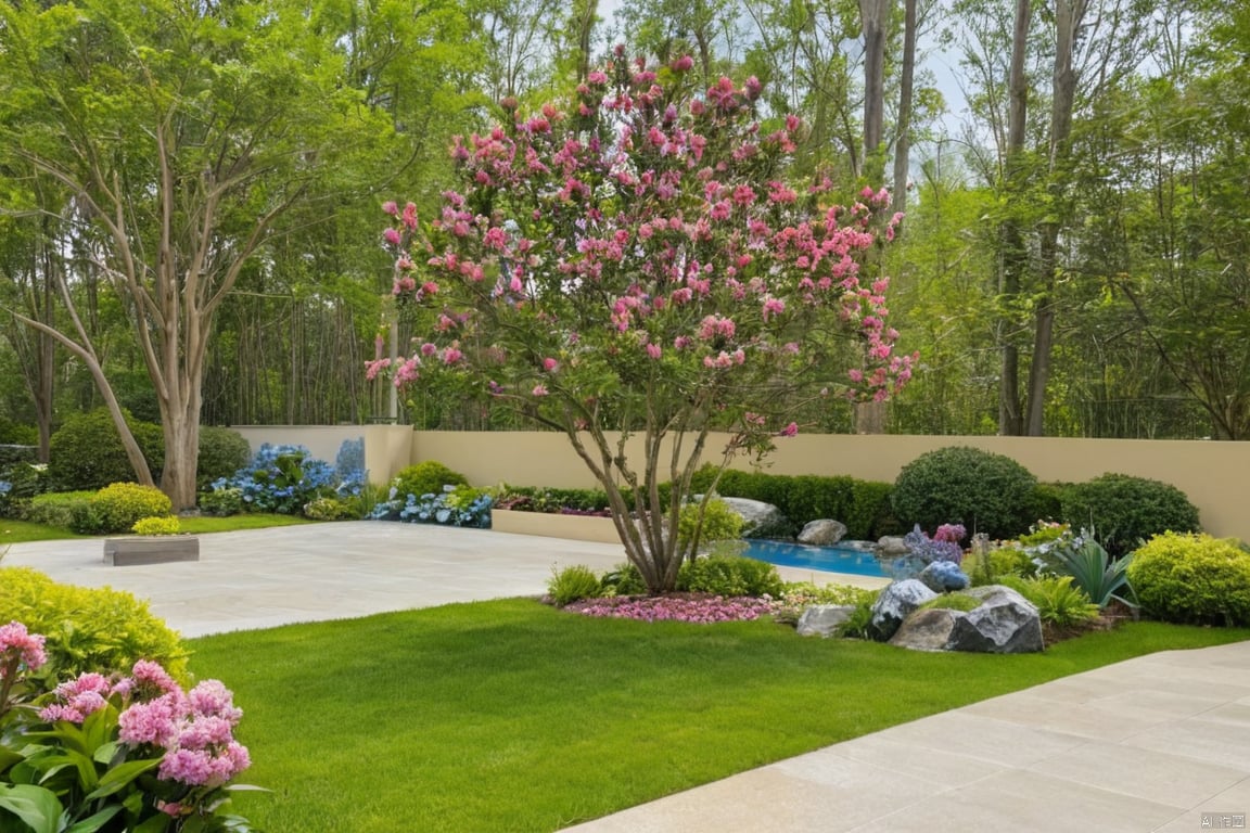 Peaceful outdoor scene in a modern garden setting: bright blue sky above, a tall crape myrtle tree standing proudly in the distance, flanked by lush greenery and vibrant flowers, natural style landscaping, suspended fish pond, flower boxes , pine tree, modern paving, tingbu