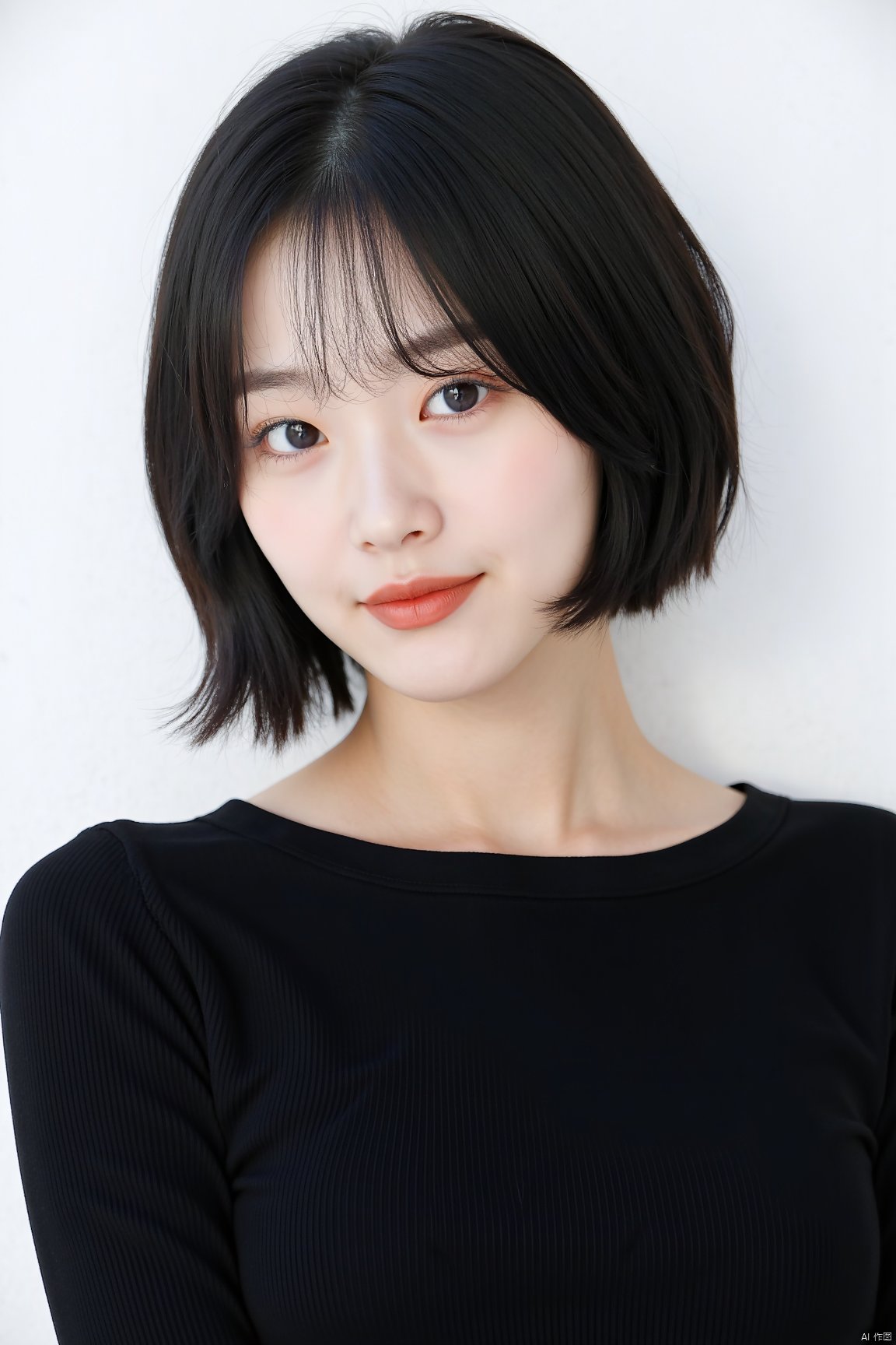 Korean 1girl. In the image, a young woman with a gentle and serene expression dominates the frame. She has pale skin, which contrasts beautifully with her soft black bob-style hair that slightly covers her forehead and ends just above her shoulders. Her eyes are almond-shaped, carrying a shade of light brown, with subtle makeup highlighting her upper and lower eyelids. Her eyelashes are long, accentuating her eyes, while her eyebrows are thin, straight, and of a darker shade, complementing her facial features. Her nose is of medium size with a soft bridge, leading down to her lips which are painted in a muted coral shade. The lips are slightly parted, and her lower lip is fuller than the upper one. She wears a black, form-fitting top with a ribbed texture that is clearly visible. The neckline of the top is round, exposing her slender neck. Her collarbone is also subtly visible, giving a hint of her delicate bone structure. The backdrop is a pure white, offering a stark contrast to her dark top and hair, which helps to bring the focus entirely on her face. The overall lighting is soft and even, enhancing the tranquility of the image and emphasizing the details of her features. The ambiance is calm, and the image seems professionally shot, capturing the essence of her beauty and grace.