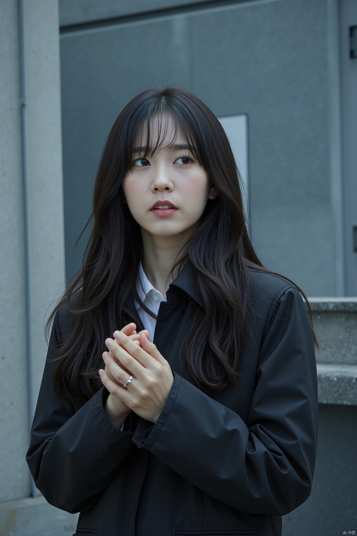 A melancholic Korean 1girl stands against a cold, industrial backdrop, her gaze lost in space. Her pale hands, captured in an emotional gesture, tell an unspoken story. UHD 4k Professional Photograph.