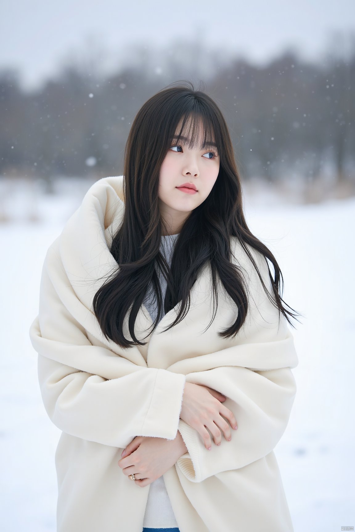 Korean 1girl with long, flowing dark hair stands outdoors in a snowy landscape. She is wrapped in a large, cream-colored shawl, which contrasts against the cold, wintry backdrop. The soft lighting highlights her delicate features and adds a gentle glow to her fair complexion. Her expression is serene and contemplative, as she gazes slightly to the side, with her hair subtly tousled by the breeze. The background is softly blurred, emphasizing the crisp, tranquil atmosphere of a winter day.