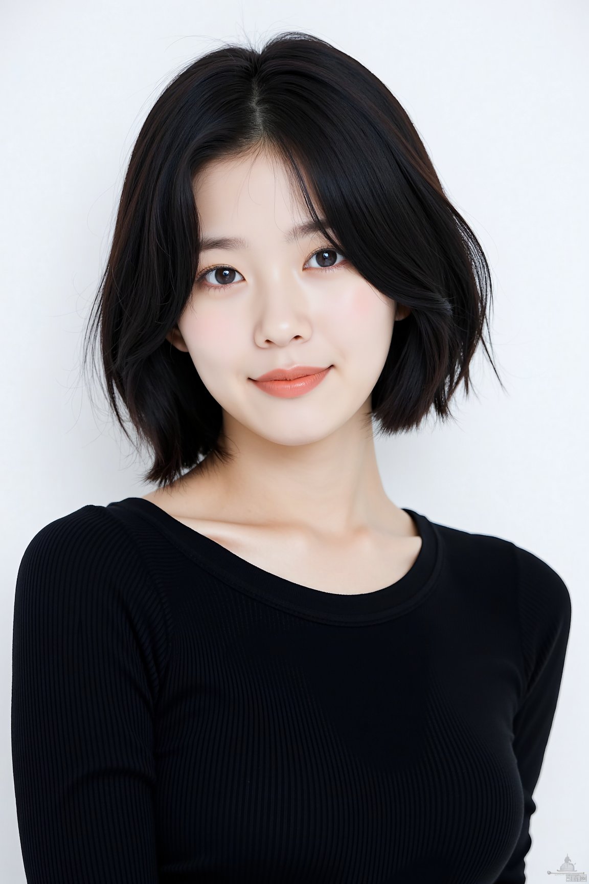 Korean 1girl. In the image, a young woman with a gentle and serene expression dominates the frame. She has pale skin, which contrasts beautifully with her soft black bob-style hair that slightly covers her forehead and ends just above her shoulders. Her eyes are almond-shaped, carrying a shade of light brown, with subtle makeup highlighting her upper and lower eyelids. Her eyelashes are long, accentuating her eyes, while her eyebrows are thin, straight, and of a darker shade, complementing her facial features. Her nose is of medium size with a soft bridge, leading down to her lips which are painted in a muted coral shade. The lips are slightly parted, and her lower lip is fuller than the upper one. She wears a black, form-fitting top with a ribbed texture that is clearly visible. The neckline of the top is round, exposing her slender neck. Her collarbone is also subtly visible, giving a hint of her delicate bone structure. The backdrop is a pure white, offering a stark contrast to her dark top and hair, which helps to bring the focus entirely on her face. The overall lighting is soft and even, enhancing the tranquility of the image and emphasizing the details of her features. The ambiance is calm, and the image seems professionally shot, capturing the essence of her beauty and grace.