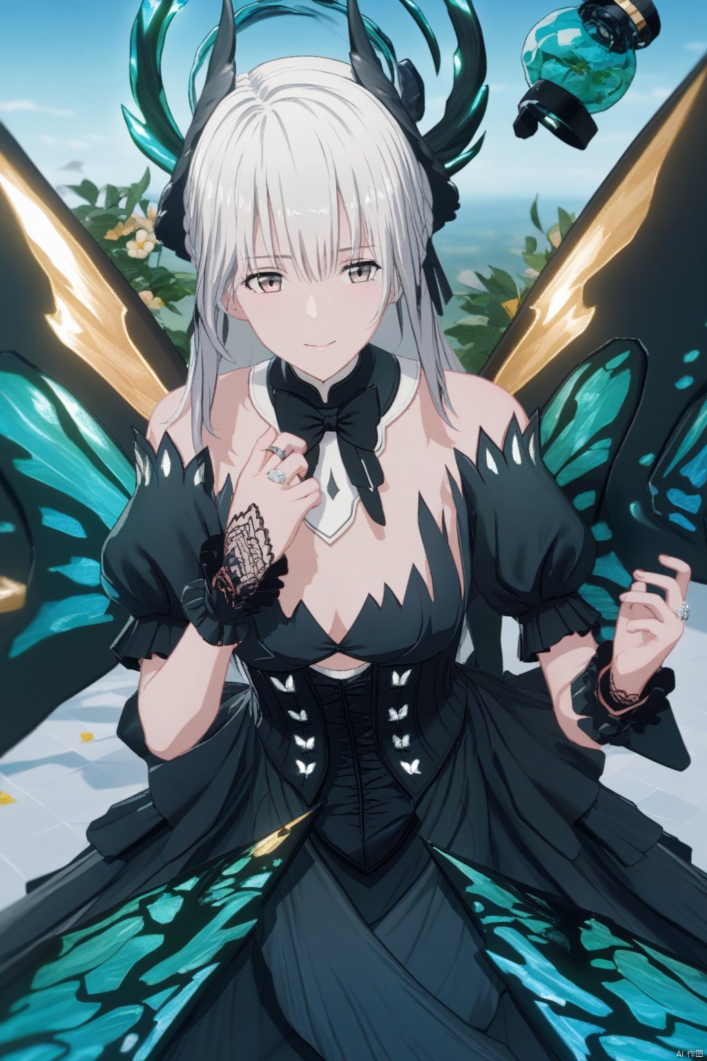 masterpiece,best quality,wallpaper,depth of field,1girl,long hair,white hair,grey eyes,smile,closed mouth,bangs, dress, bow, cleavage, bare shoulders, medium breasts, white hair, short sleeves, detached sleeves, wings, horns, puffy sleeves, bowtie, black dress, puffy short sleeves, wrist cuffs, grey eyes, black bow, detached collar,ring,cowboy shot,outdoors,blue sky, flower, blurry, bug, butterfly,from above