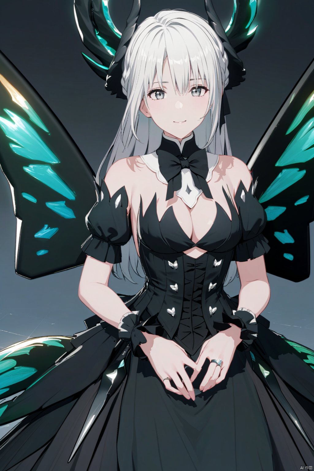 masterpiece,best quality,wallpaper,depth of field,high contrast,1girl,long hair,white hair,grey eyes,smile, bangs, dress, bow, cleavage, bare shoulders, medium breasts, white hair, short sleeves, detached sleeves, wings, horns, puffy sleeves, bowtie, black dress, puffy short sleeves, wrist cuffs, grey eyes, black bow, detached collar,ring,cowboy shot,outdoors,blue sky,from above