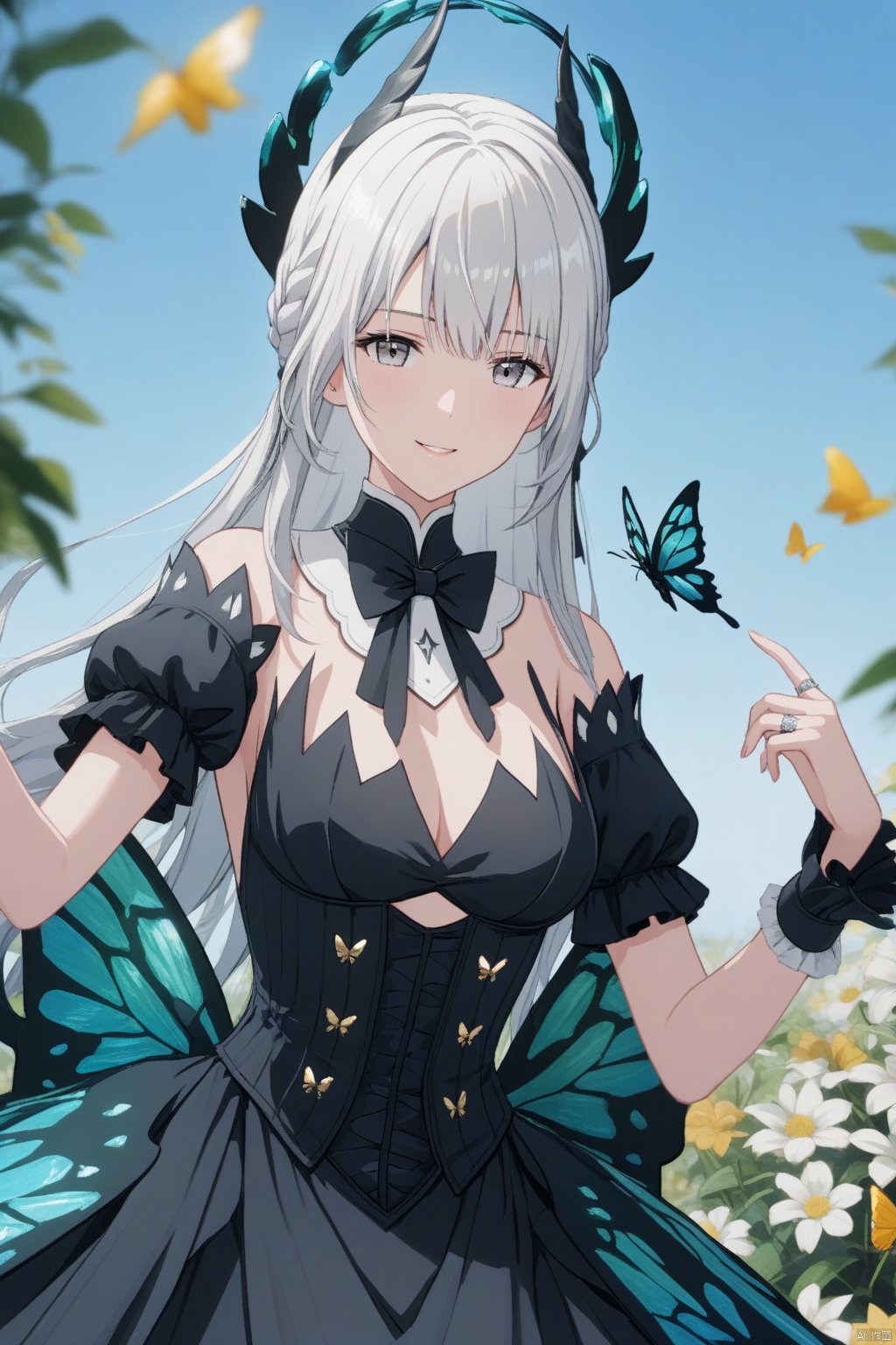 masterpiece,best quality,wallpaper,depth of field,1girl,long hair,white hair,grey eyes,smile, bangs, dress, bow, cleavage, bare shoulders, medium breasts, white hair, short sleeves, detached sleeves, wings, horns, puffy sleeves, bowtie, black dress, puffy short sleeves, wrist cuffs, grey eyes, black bow, detached collar,ring,cowboy shot,outdoors,blue sky, flower, blurry, bug, butterfly,