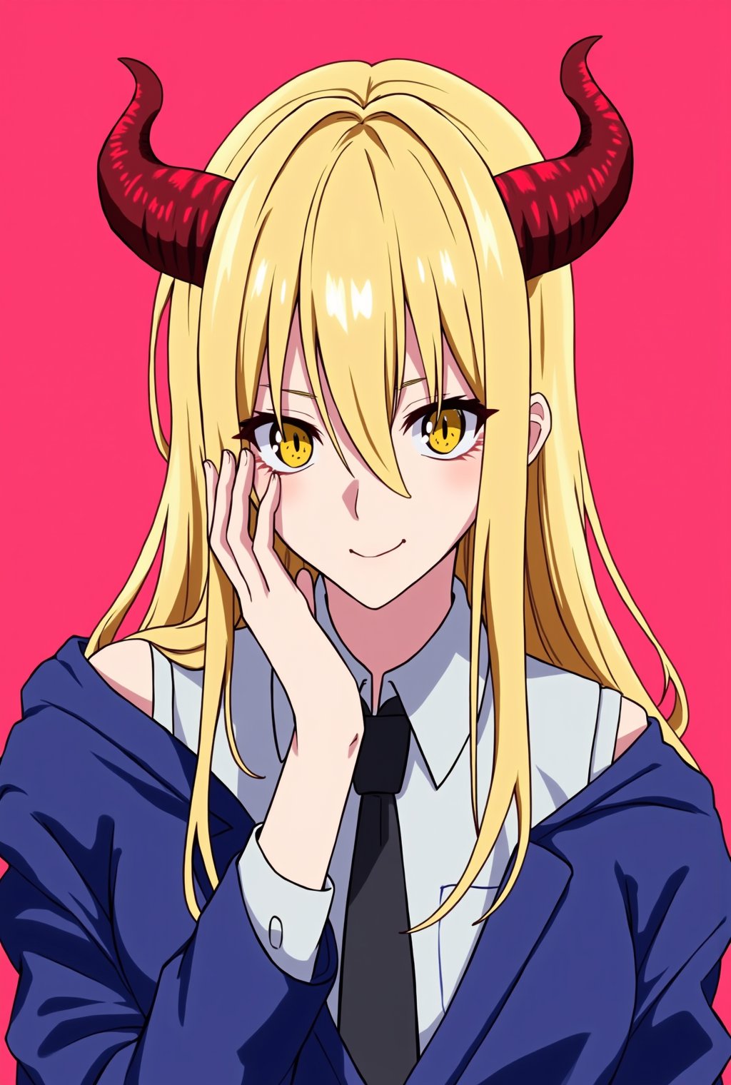 Hyper-detailed anime of power \(chainsaw man\),1girl, solo,long hair,looking at viewer,blonde hair,shirt,hair between eyes,jacket,yellow eyes,white shirt,necktie, horns,collared shirt,off shoulder,symbol-shaped pupils, formal,pink background,suit,blue jacket,demon horns, black necktie,red background,hand on own face,red horns,cross-shaped pupils,jacket partially removed BREAK (rule of thirds:1.3),perfect composition,trending on artstation,(thick and clear drawing lines:1.3),(masterpiece,best quality,32K,UHD,sharp focus,high contrast,hyper-detailed,intricate details,ultra-clear,cinematic lighting,vivid colors:1.5),ek_an1_b00ster