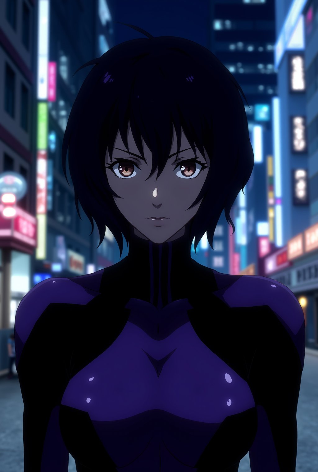 Anime of kusanagi mokoto \(ghost in a shell\),detailed exquisite face,mesmerizing and glamorous,looking at viewer,city street,night,lights,(black and violet colored battle suit,detailed,sharp focus,high contrast,rule of thirds,chiaroscuro lighting,ek_art_b00ster,ek_an1_b00ster