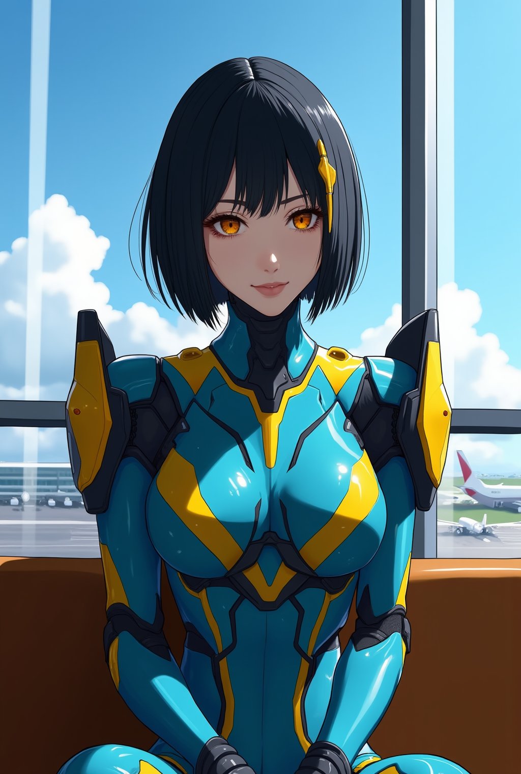 Anime of a beautiful cyborg girl sitting in the airport lobby,detailed exquisite face,Nobara Kugisaki,ulzzang,bobcut,mesmerizing and glamorous,looking at viewer,window,airport,(azure and yellow colored armor suit,detailed,sharp focus,high contrast,rule of thirds,chiaroscuro lighting,ek_art_b00ster,ek_an1_b00ster